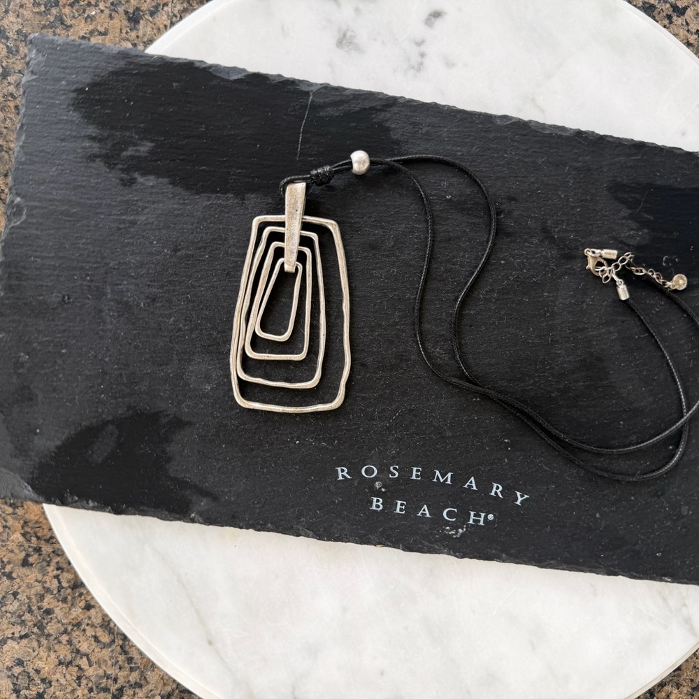 Silver Geometric Silver Heavy Pendant Long Leather Cable Cord Necklace w Pearl